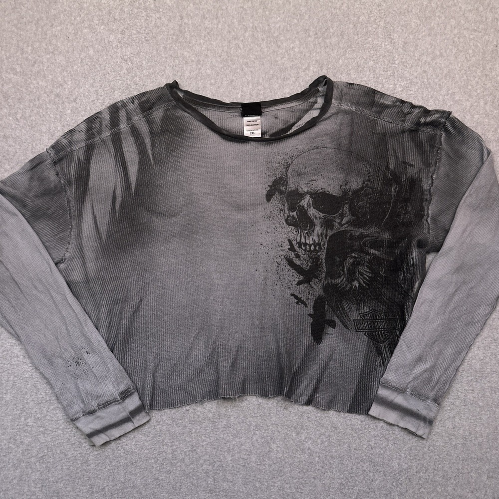 Harley Davidson Long Sleeve Cut-Off Shirt Womens 2XL Gray Skull Biker Distressed
